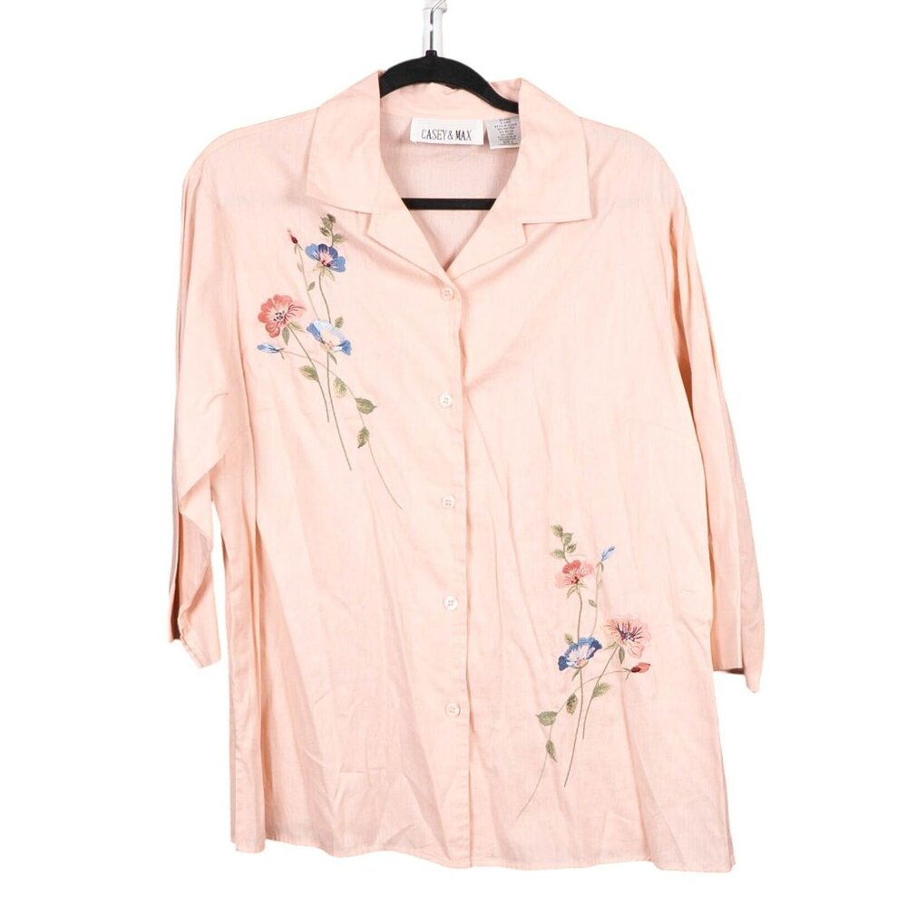 VTG Floral Embroidered Button Up Shirt L Pink 3/4 Sleeves Linen Cotton Collared